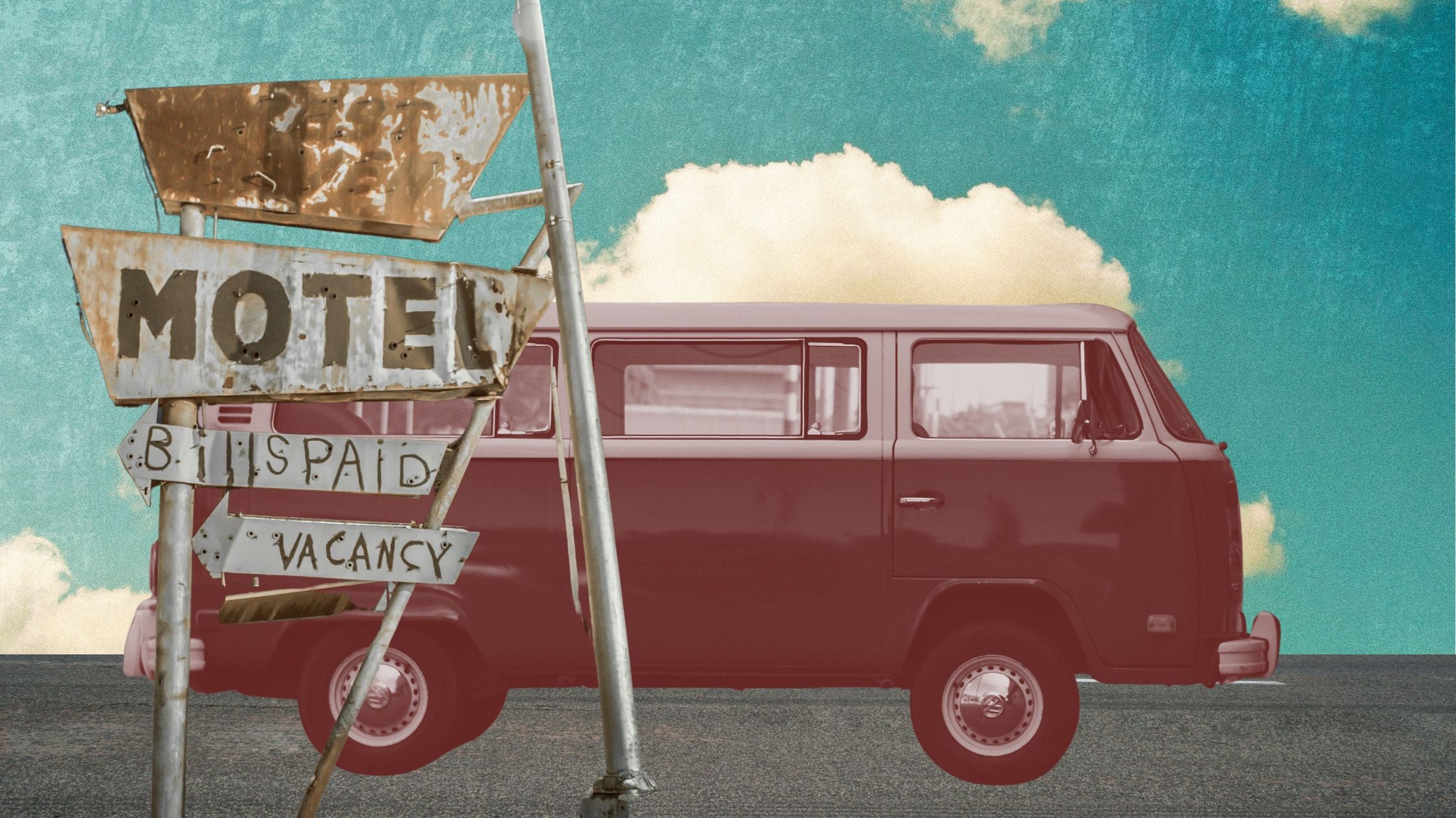 Vintage van parked next to a motel sign with a retro filter effect.